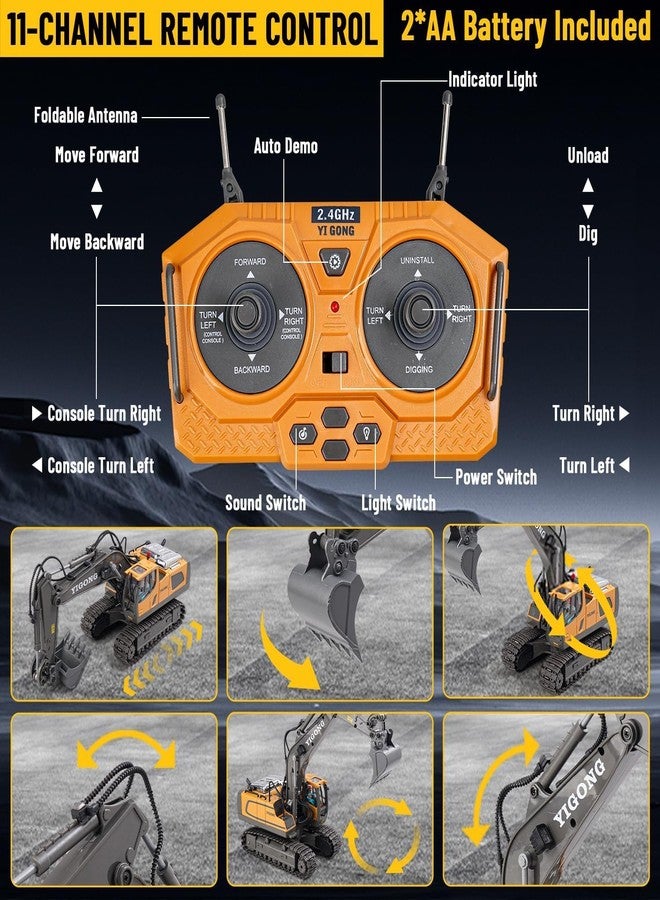 RABJET Remote Control Excavator Toy 1:20 Scale with 11 Channels/Lights/Sounds/Auto Demo/680° Rotation, 2.4Ghz Rc Construction Vehicles for Boys 4 Years Old Kids Adults - Multi - Image 5
